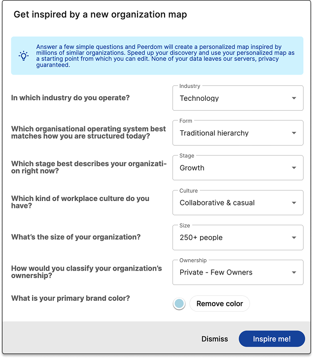 Screenshot of a few questions one must answer to create an entire inspirational organization map in one click. Alt