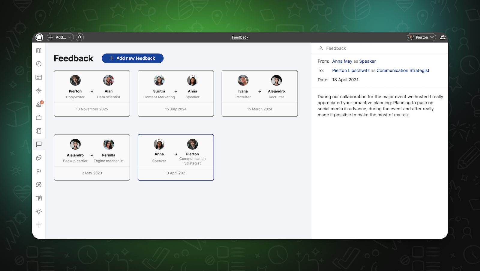 A screenshot of the Feedback dashboard with several feedback cards demonstrating that feedback was exchanged between different pairs of colleagues. Alt